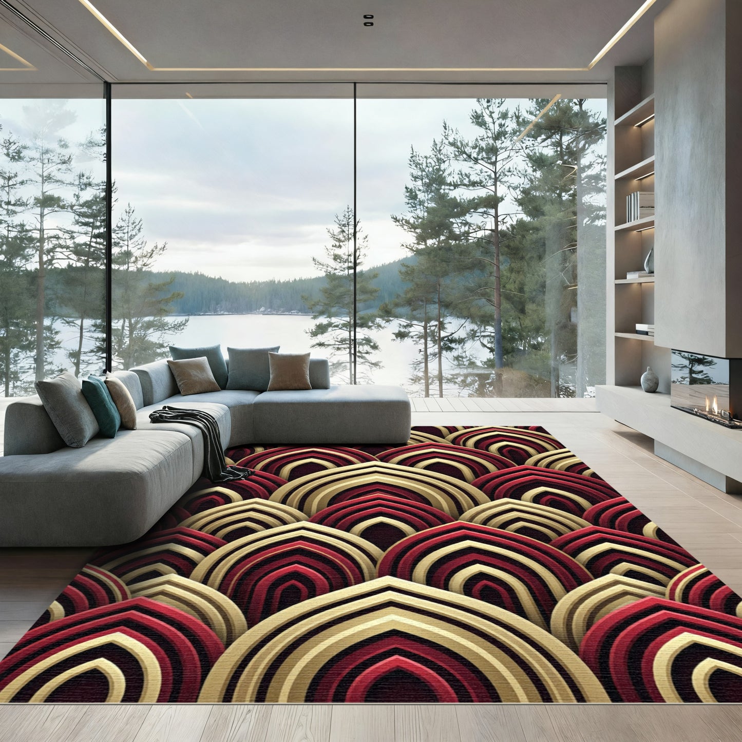 Crimson Gold Layered Arch Geometric Rug
