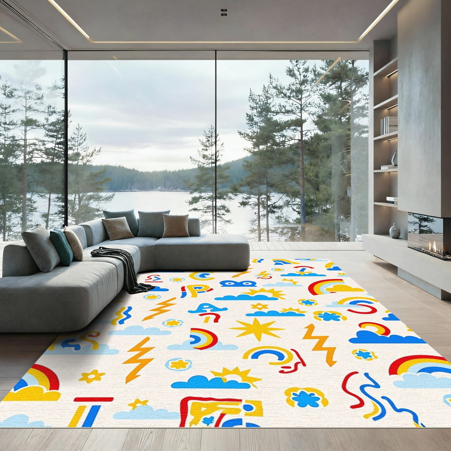 Yellow Sun Rainbow Lightning Cloud Collage Rug