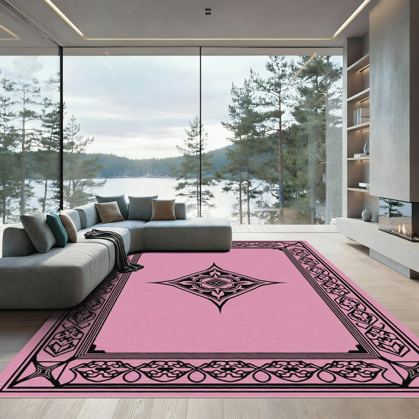 Pink Black Geometric Medallion Frame Rug