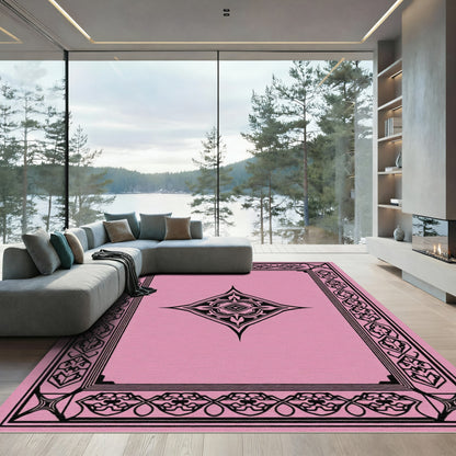 Pink Black Geometric Medallion Frame Rug