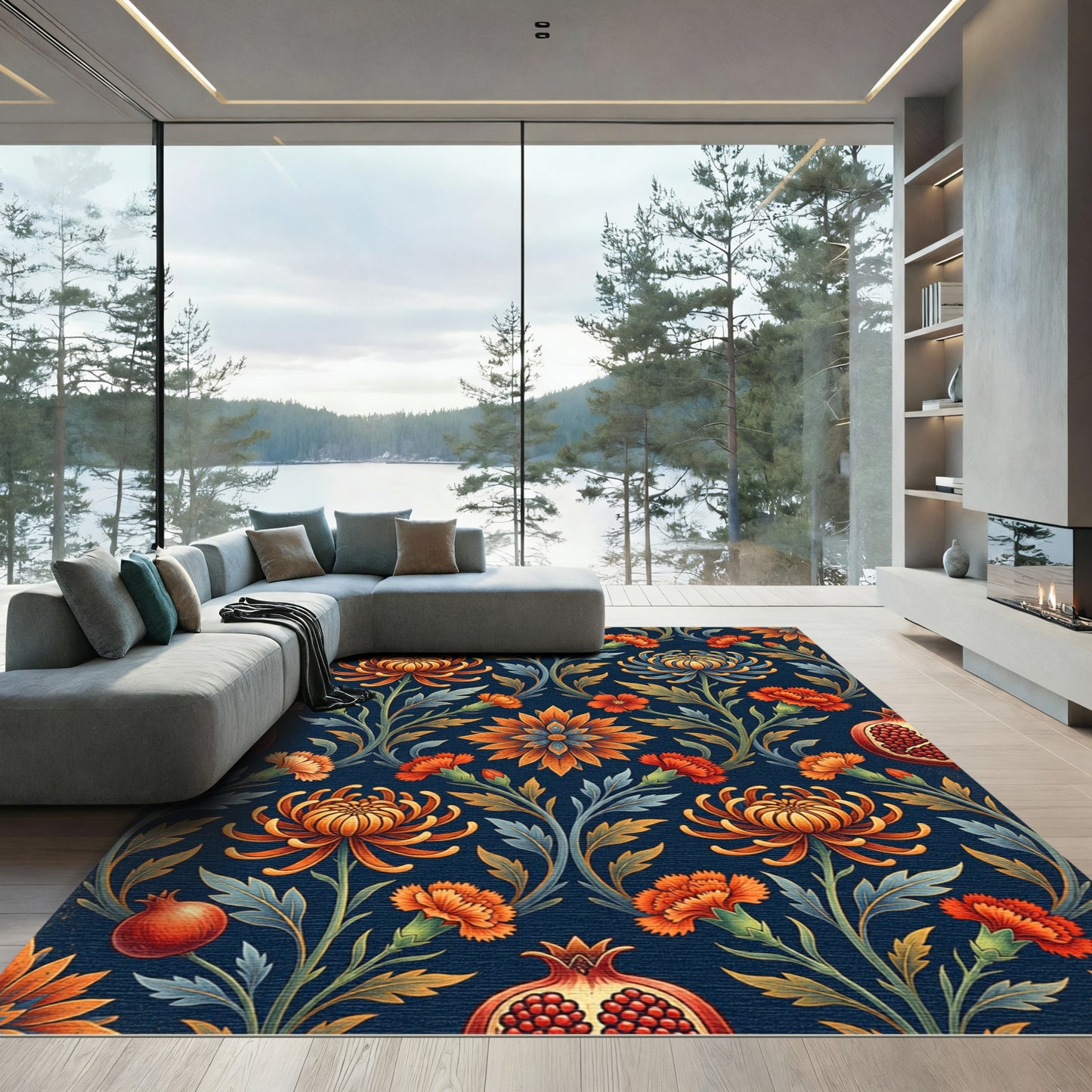 Rich Orange Floral Pomegranate Dark Rug