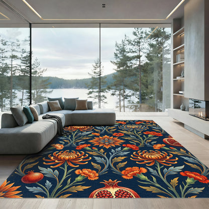 Rich Orange Floral Pomegranate Dark Rug