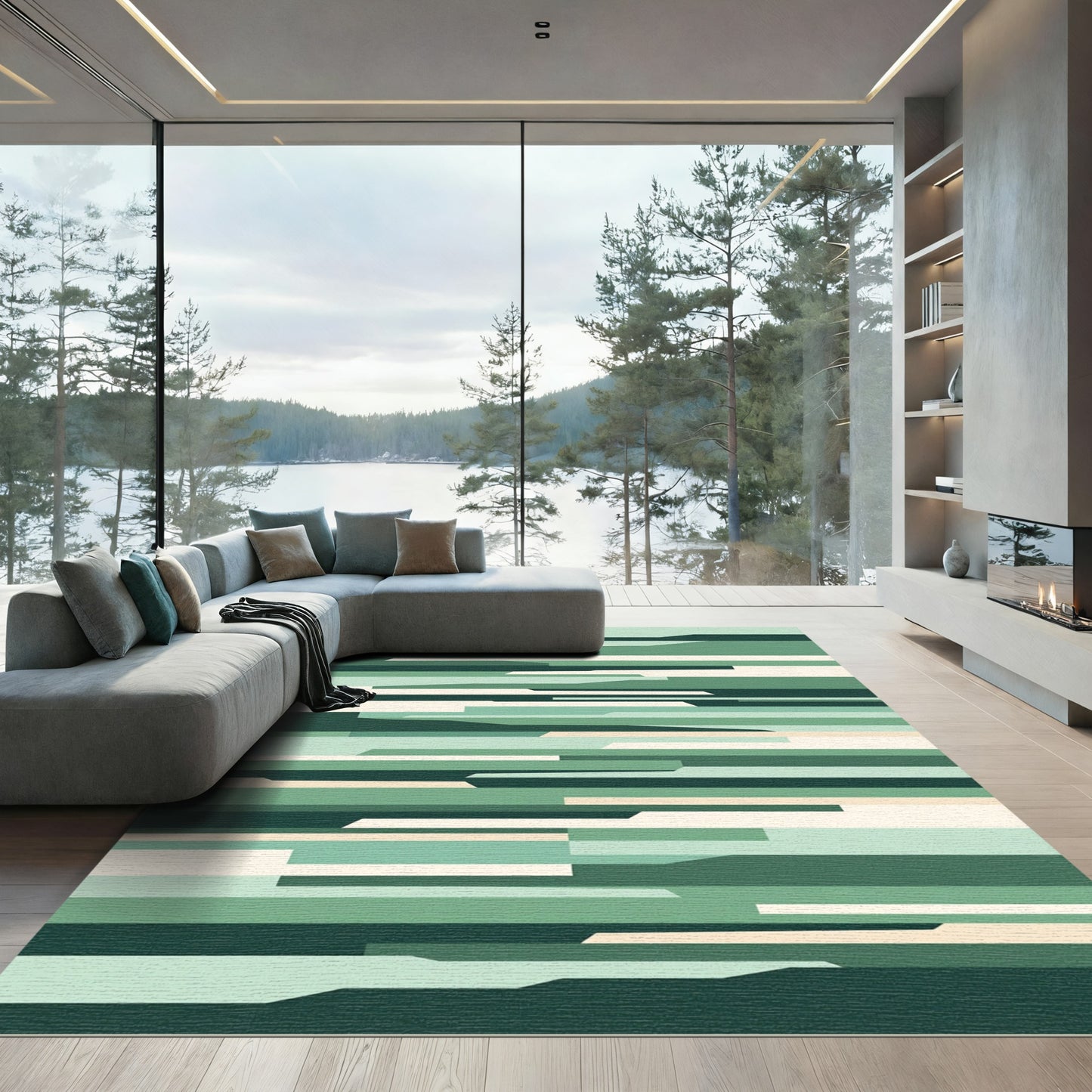 Abstract Horizontal Green Layered Shapes Rug