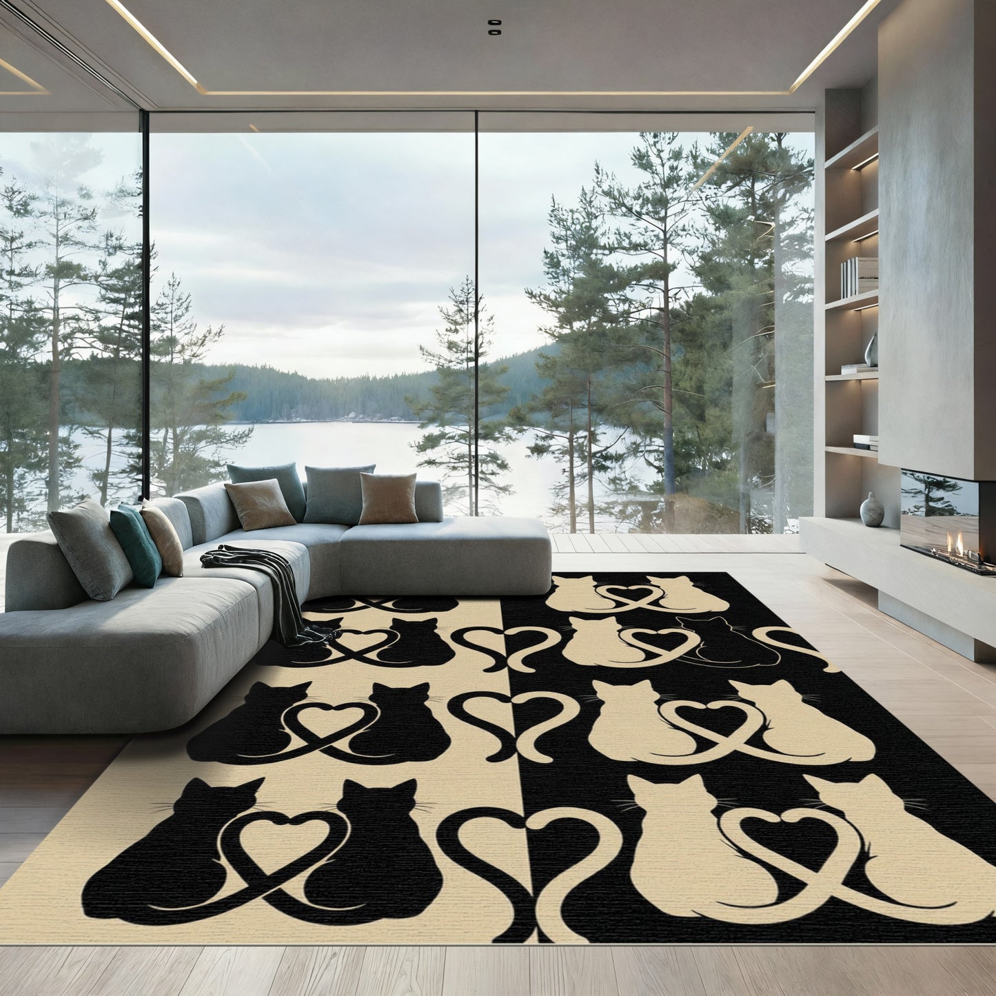 Minimalist Black and Cream Cat Heart Rug