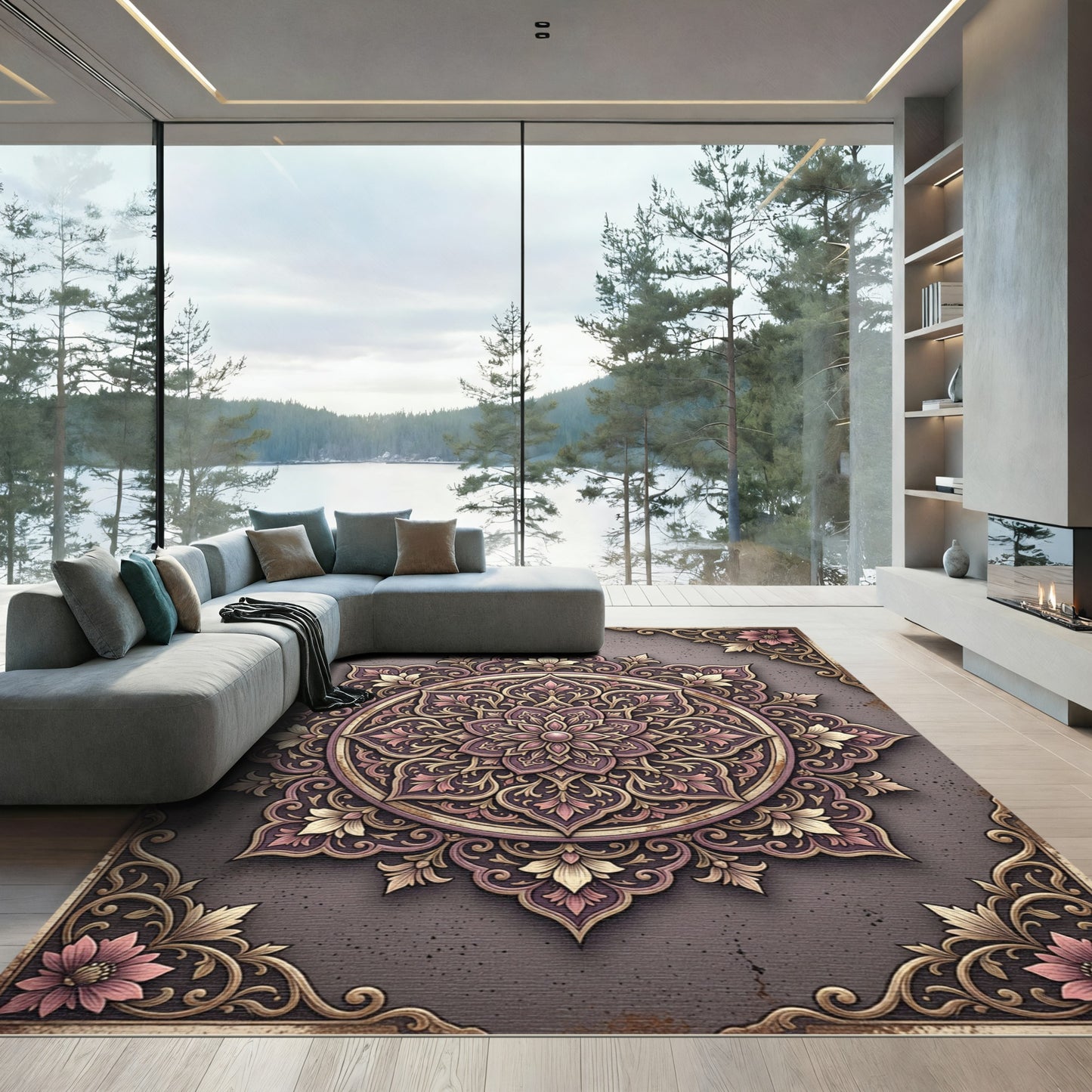 Elegant Dusty Rose Ornate Floral Medallion Rug