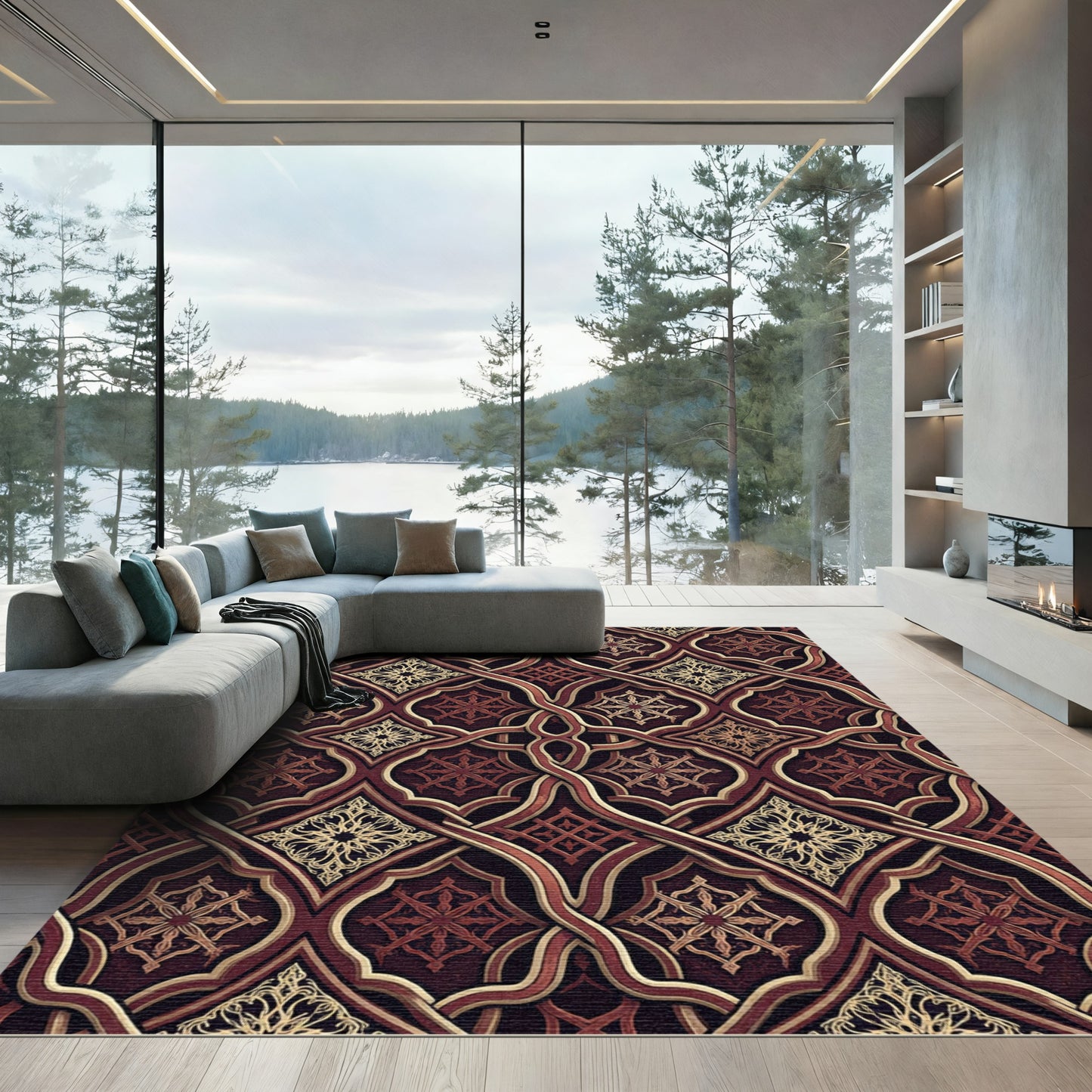 Ornate Burgundy Interwoven Lattice Scroll Rug
