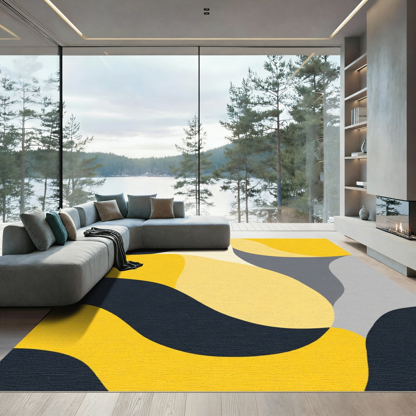 Abstract Yellow Gray Ochre Waves Rug