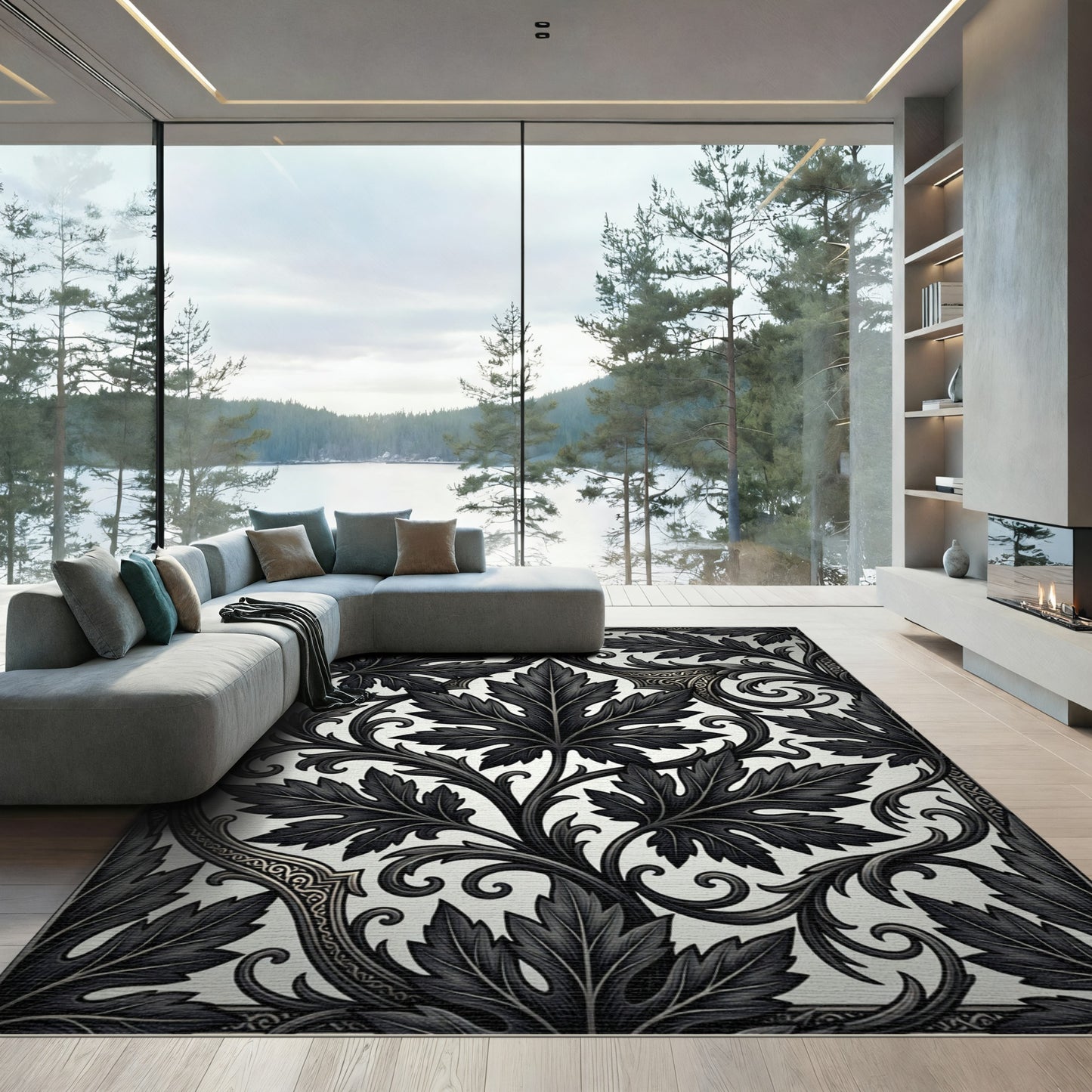 Intricate Black Acanthus Leaf Scrollwork Rug
