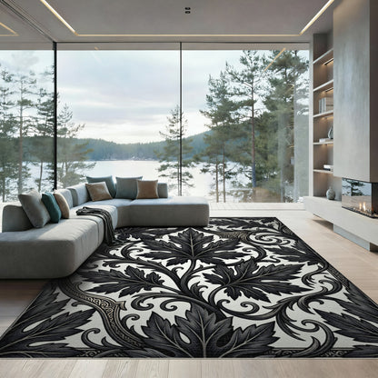 Intricate Black Acanthus Leaf Scrollwork Rug