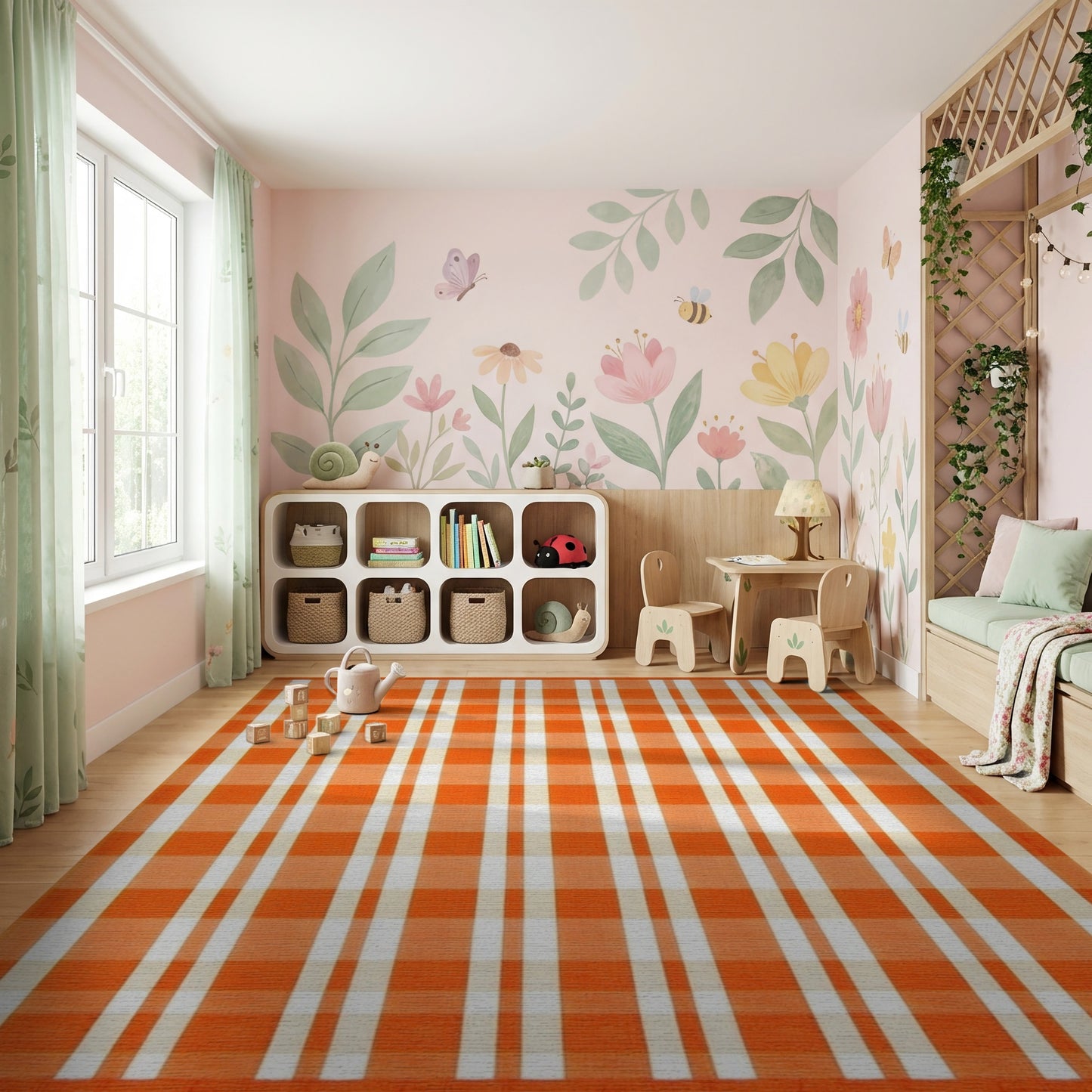 Bold Orange White Checkered Pattern Rug