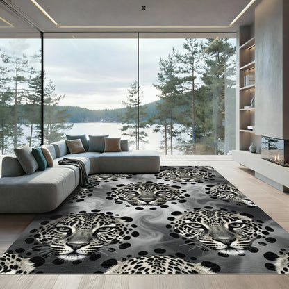 Monochrome Leopard Head Swirl Mosaic Rug