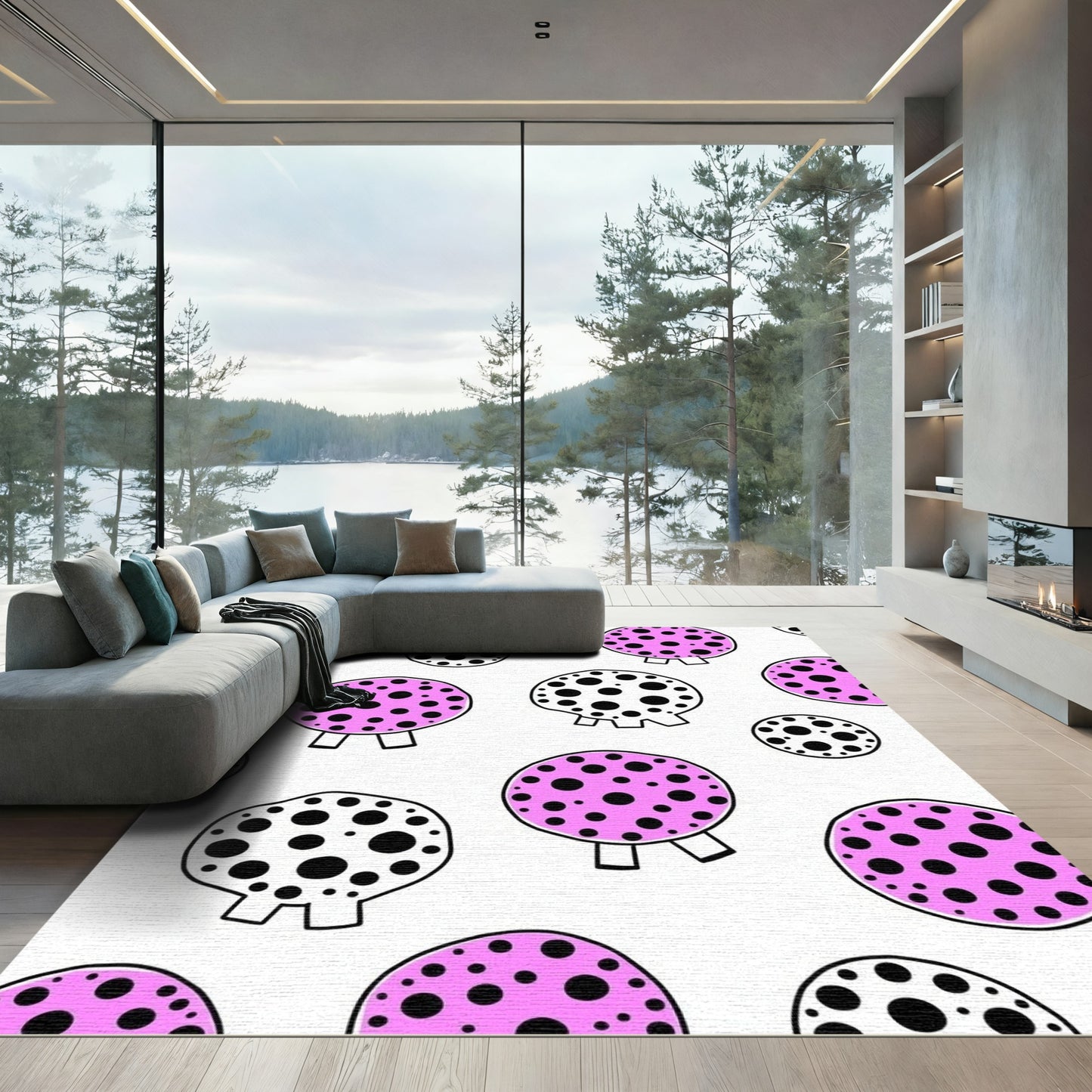Pink Black Polka Dot Scattered Circles Rug