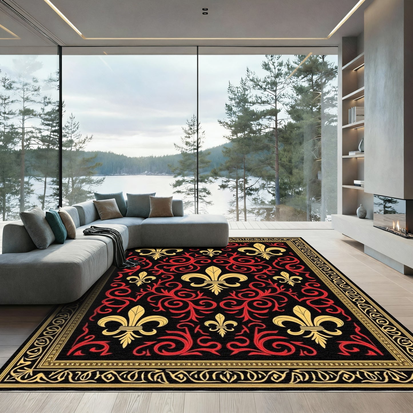 Gold Red Fleur De Lis Border Rug