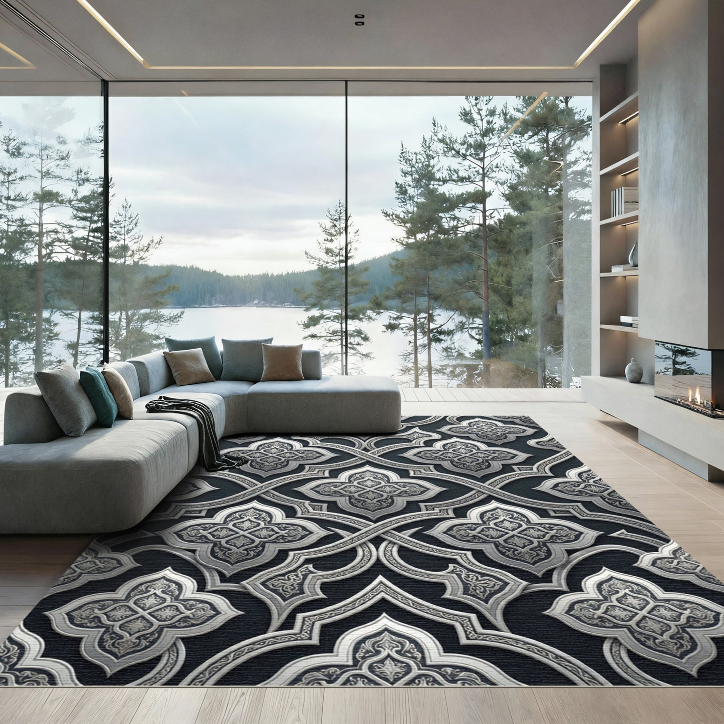 Elegant Silver Damask Interlocking Scroll Rug