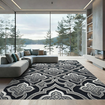 Elegant Silver Damask Interlocking Scroll Rug