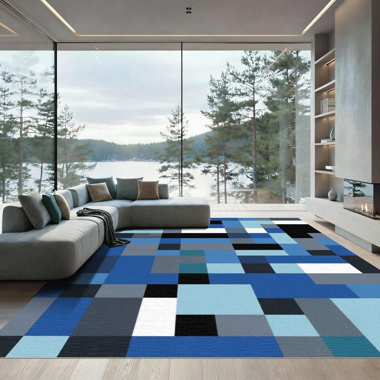Cool Blue Geometric Blocks Rug