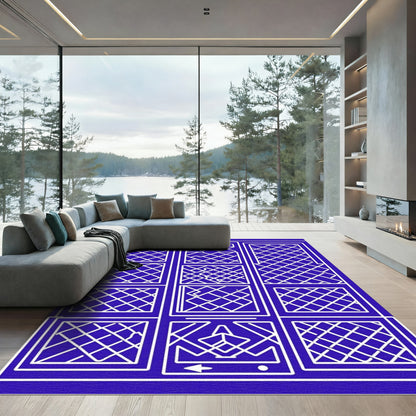 Blue White Lattice Geometric Grid Rug