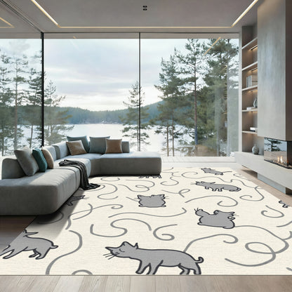 Playful Gray Kittens Swirling Lines Rug