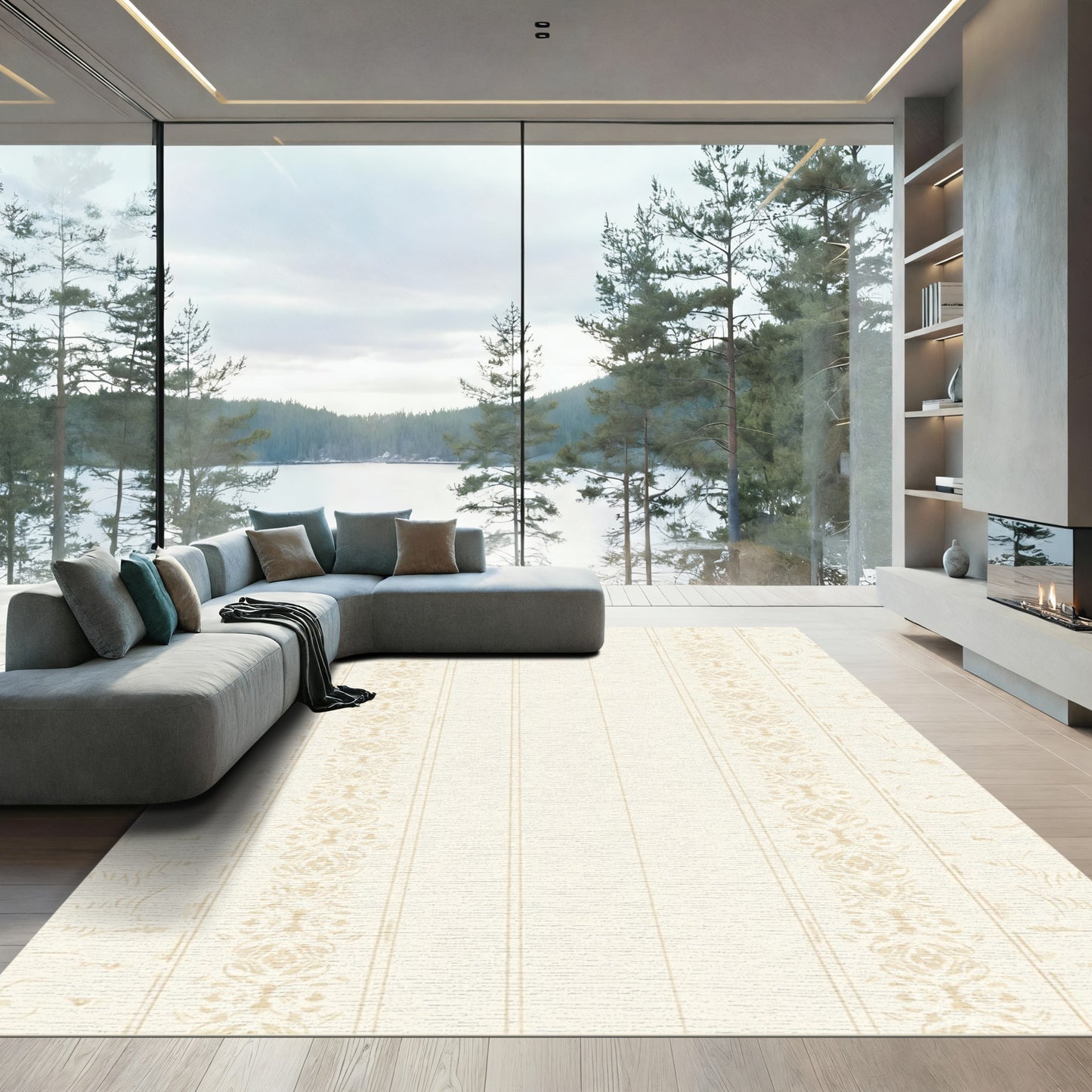 Cream Beige Ornate Scroll Border Rug