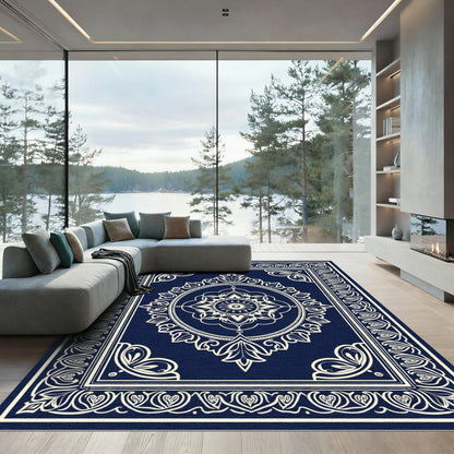 Deep Blue Cream Oval Medallion Rug