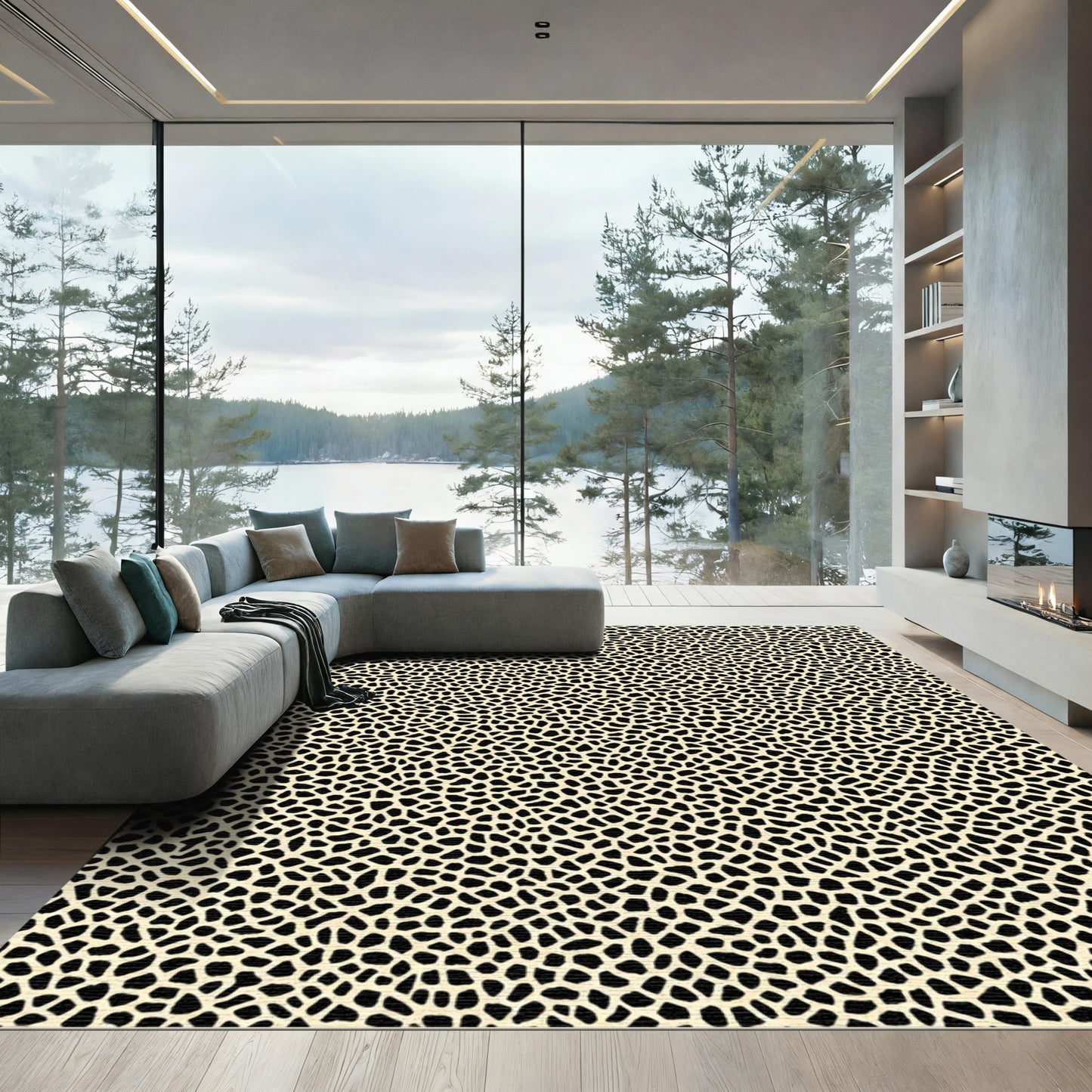 Cream Black Organic Pebble Texture Rug