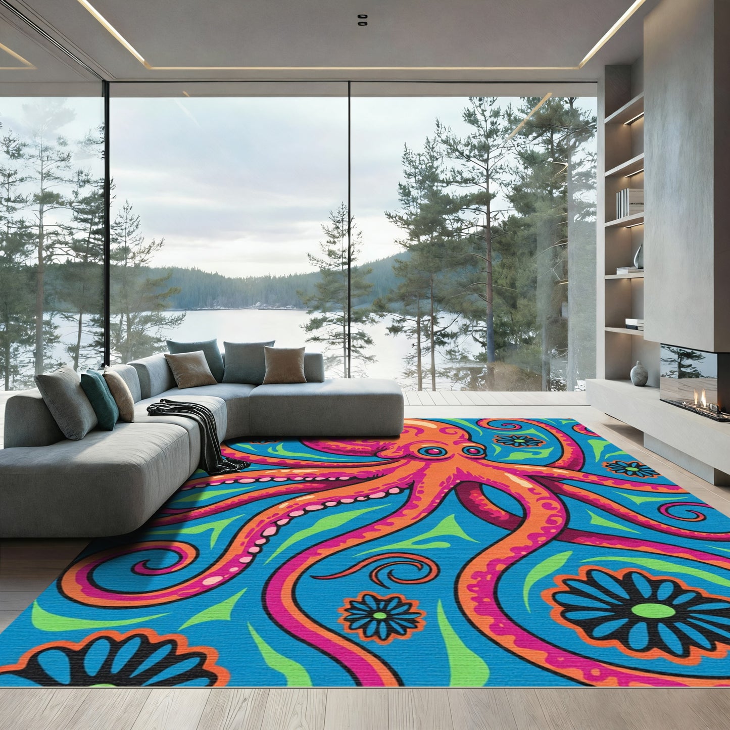 Vibrant Orange Octopus Floral Swirl Rug