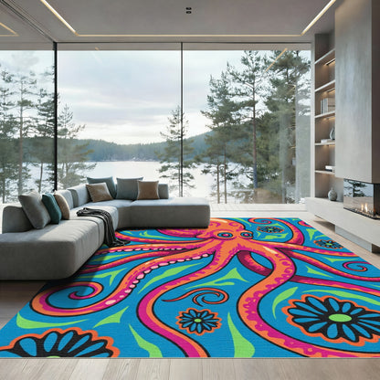 Vibrant Orange Octopus Floral Swirl Rug