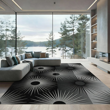 Silver Sunburst Geometric Grid Rug