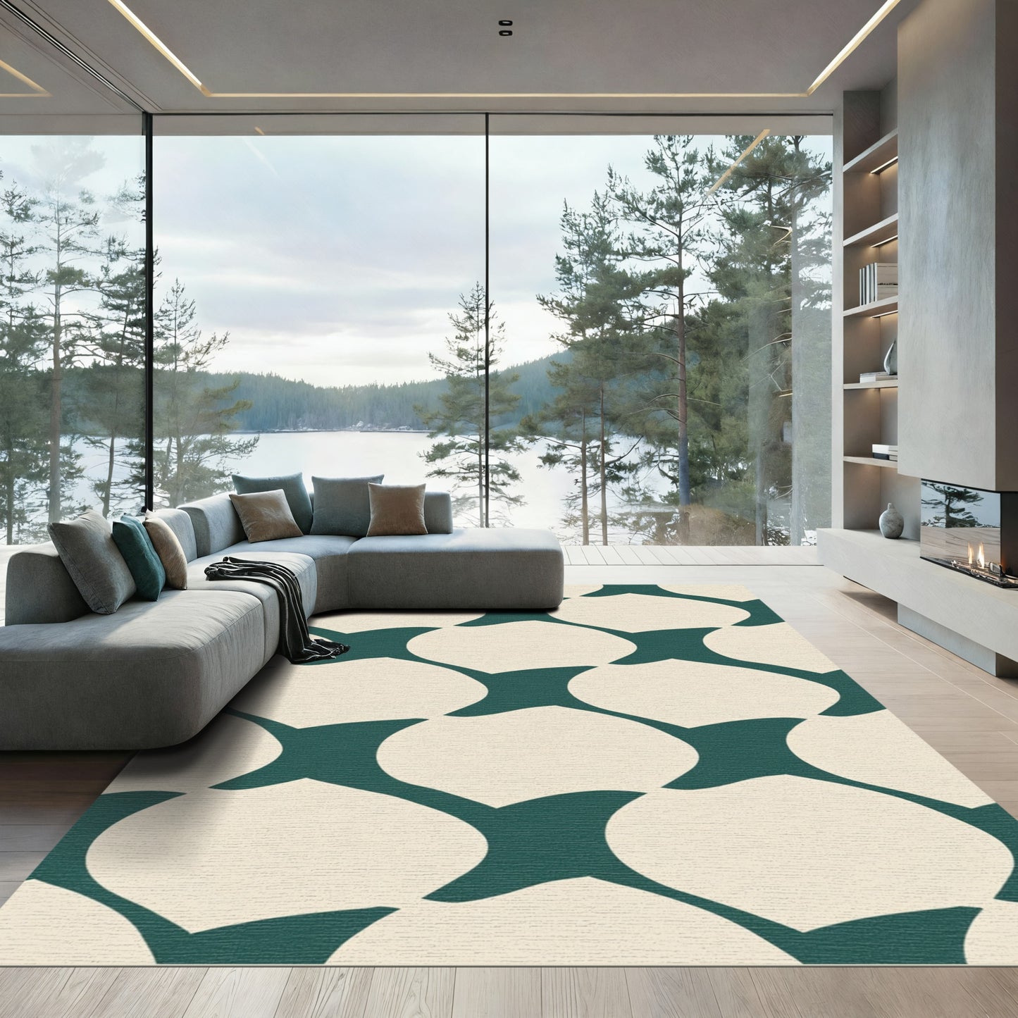 Teal and Cream Arabesque Pattern Rug