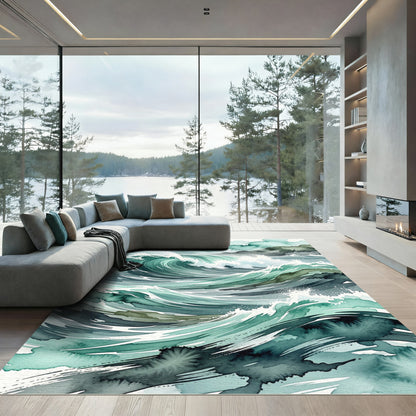 Teal Ocean Wave Watercolor Swirl Rug