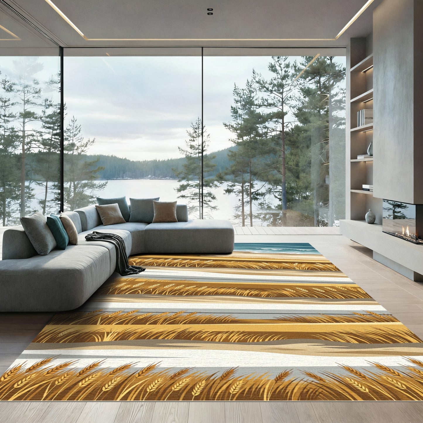 Golden Wheat Field Coastal Landscape Rug