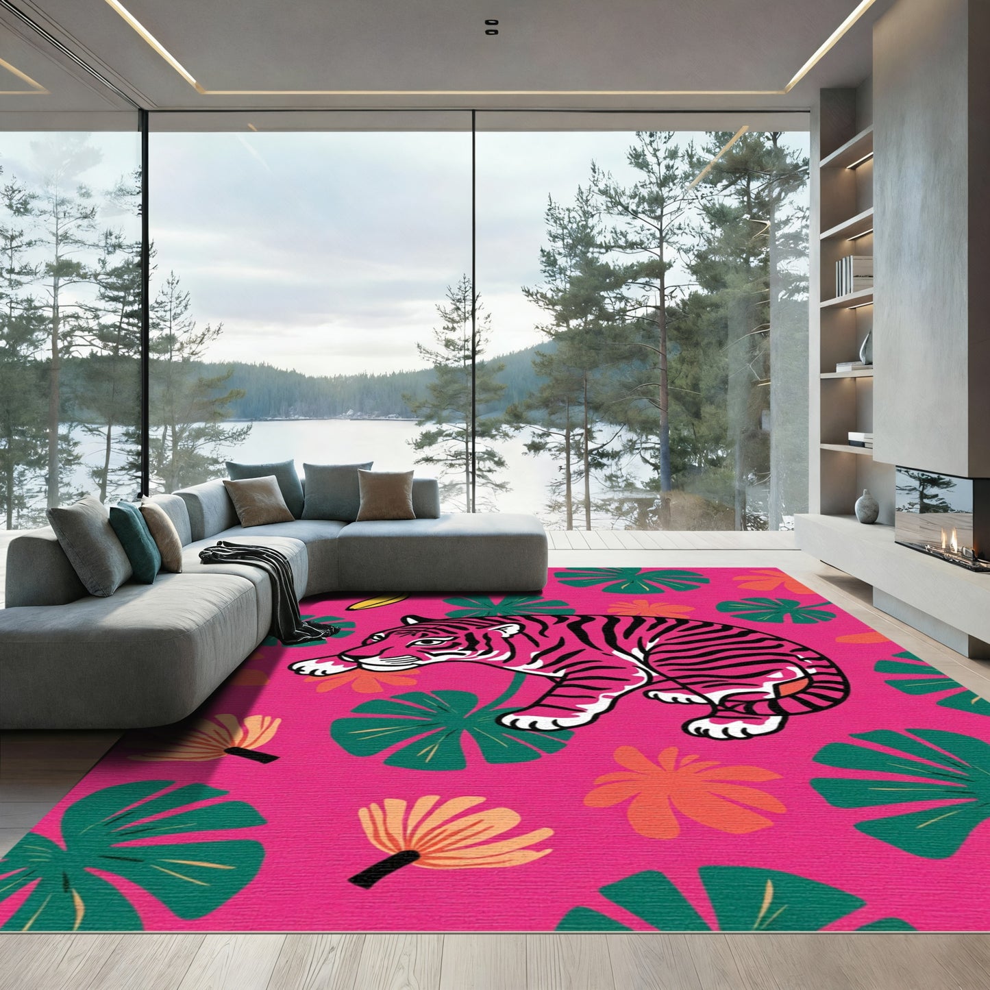 Hot Pink Tiger Floral Jungle Rug