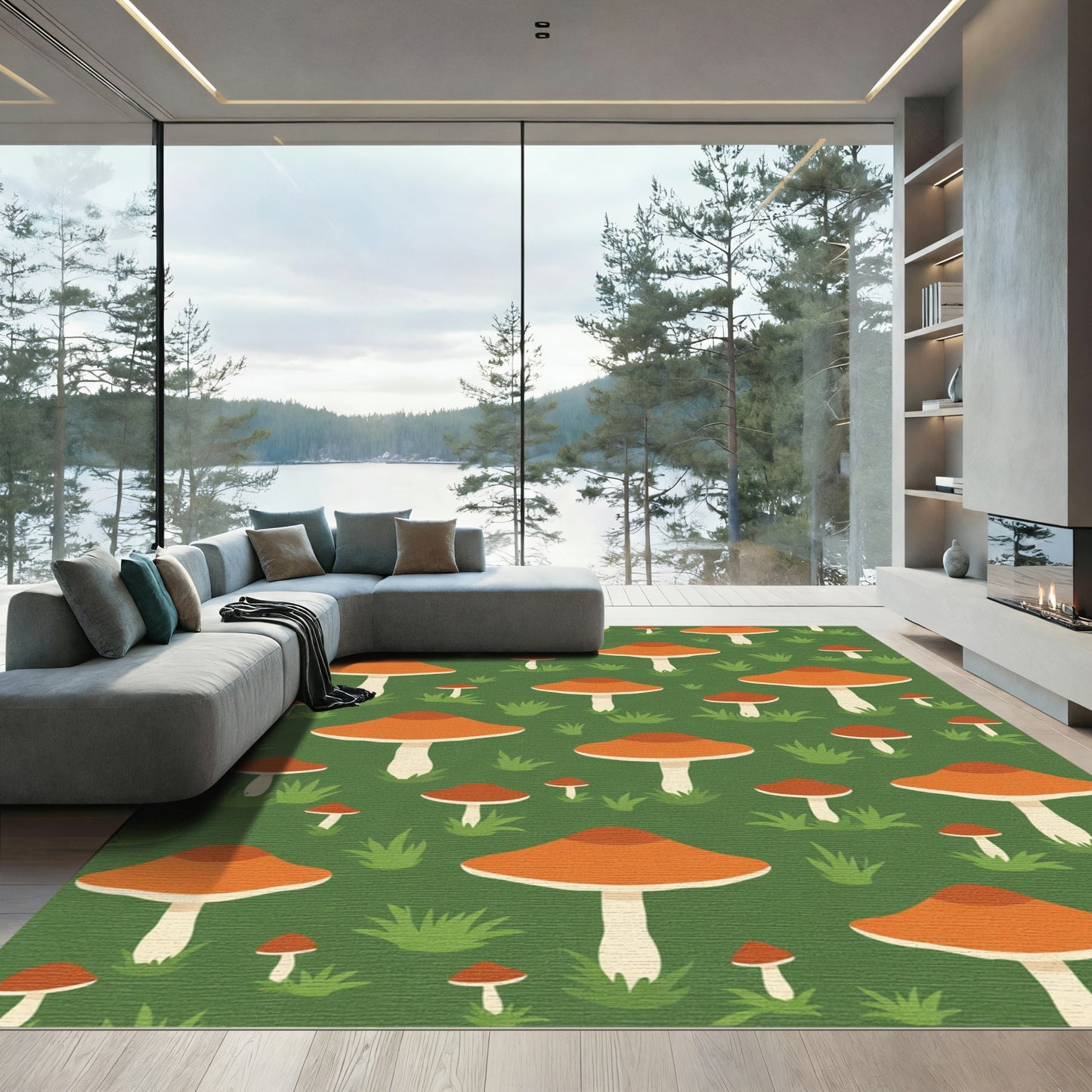 Whimsical Orange Mushroom Forest Rug