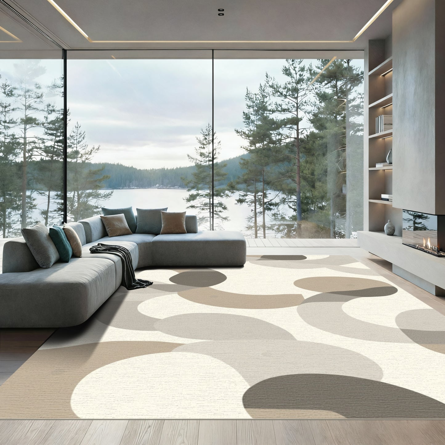 Abstract Beige Tan Curve Overlay Rug