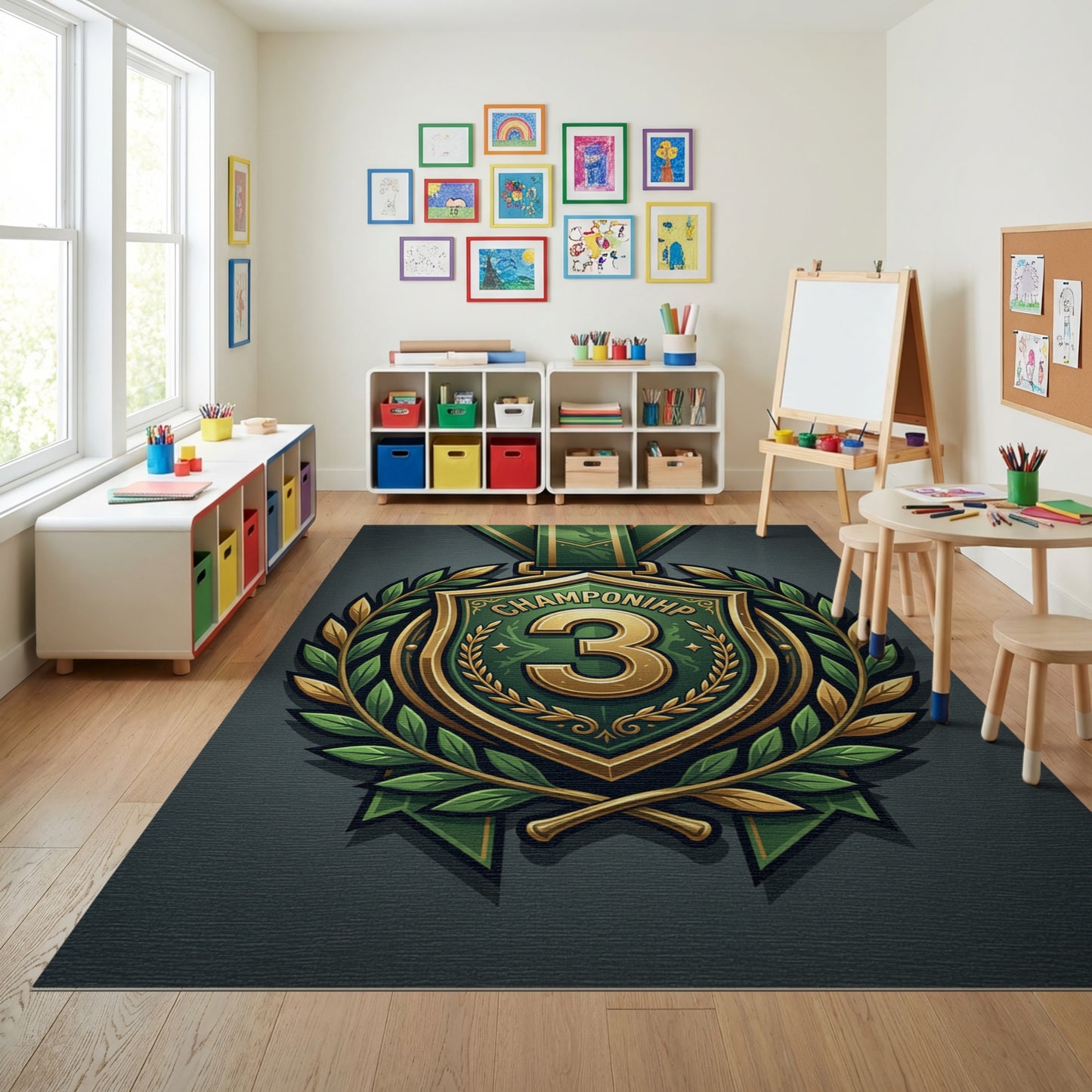 Ornate Green Gold Champion 3 Shield Rug