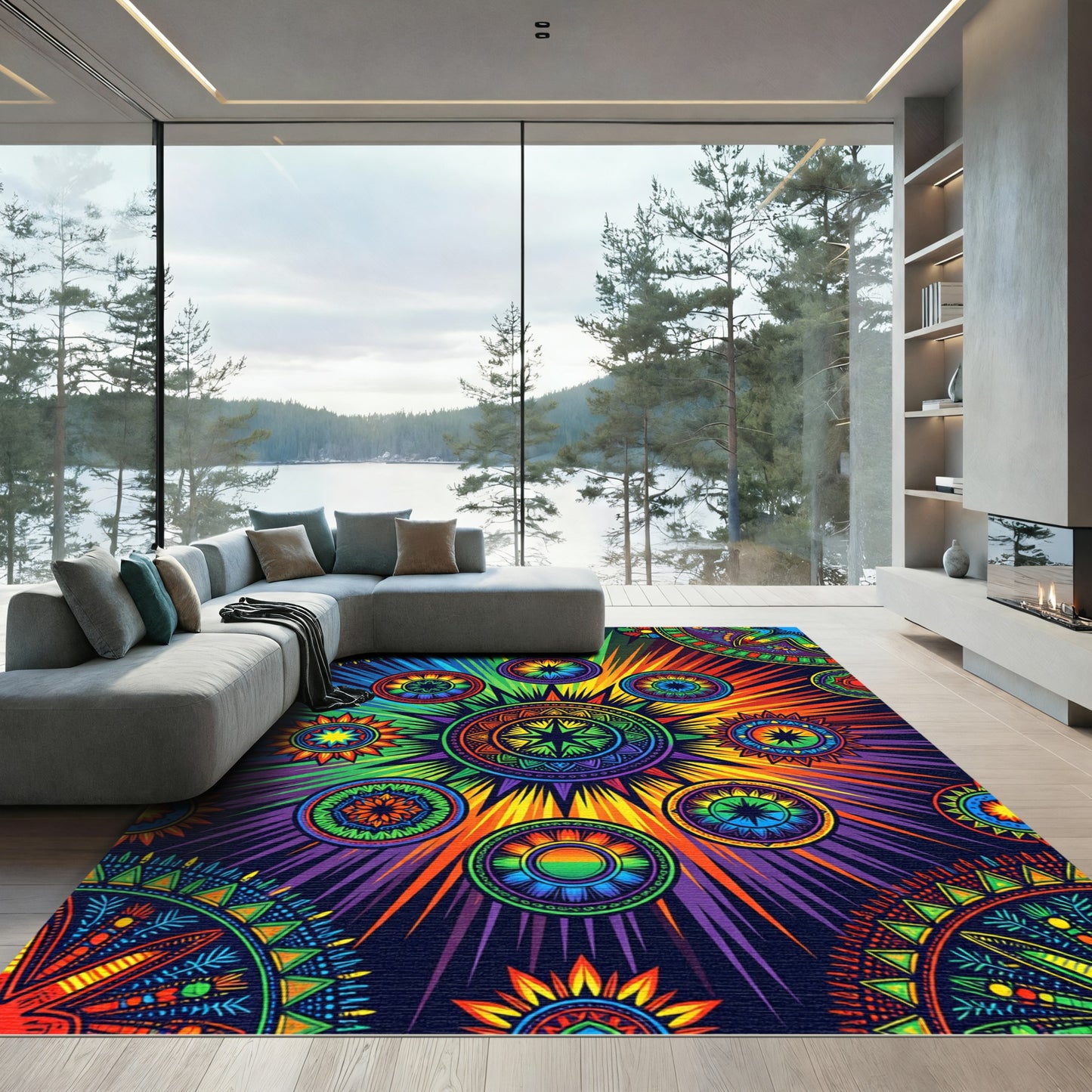 Radiant Rainbow Kaleidoscope Sun Burst Rug