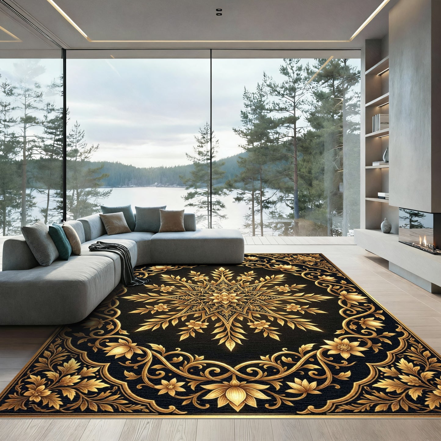 Elegant Gold Floral Medallion Black Rug