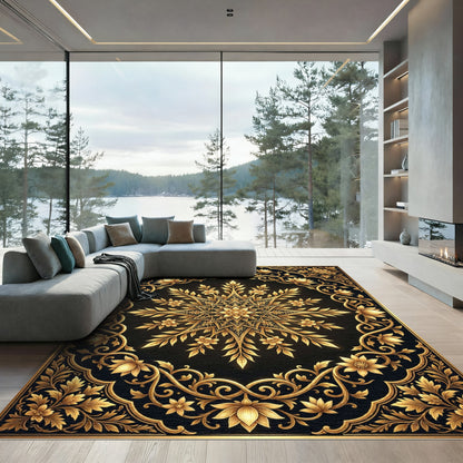 Elegant Gold Floral Medallion Black Rug