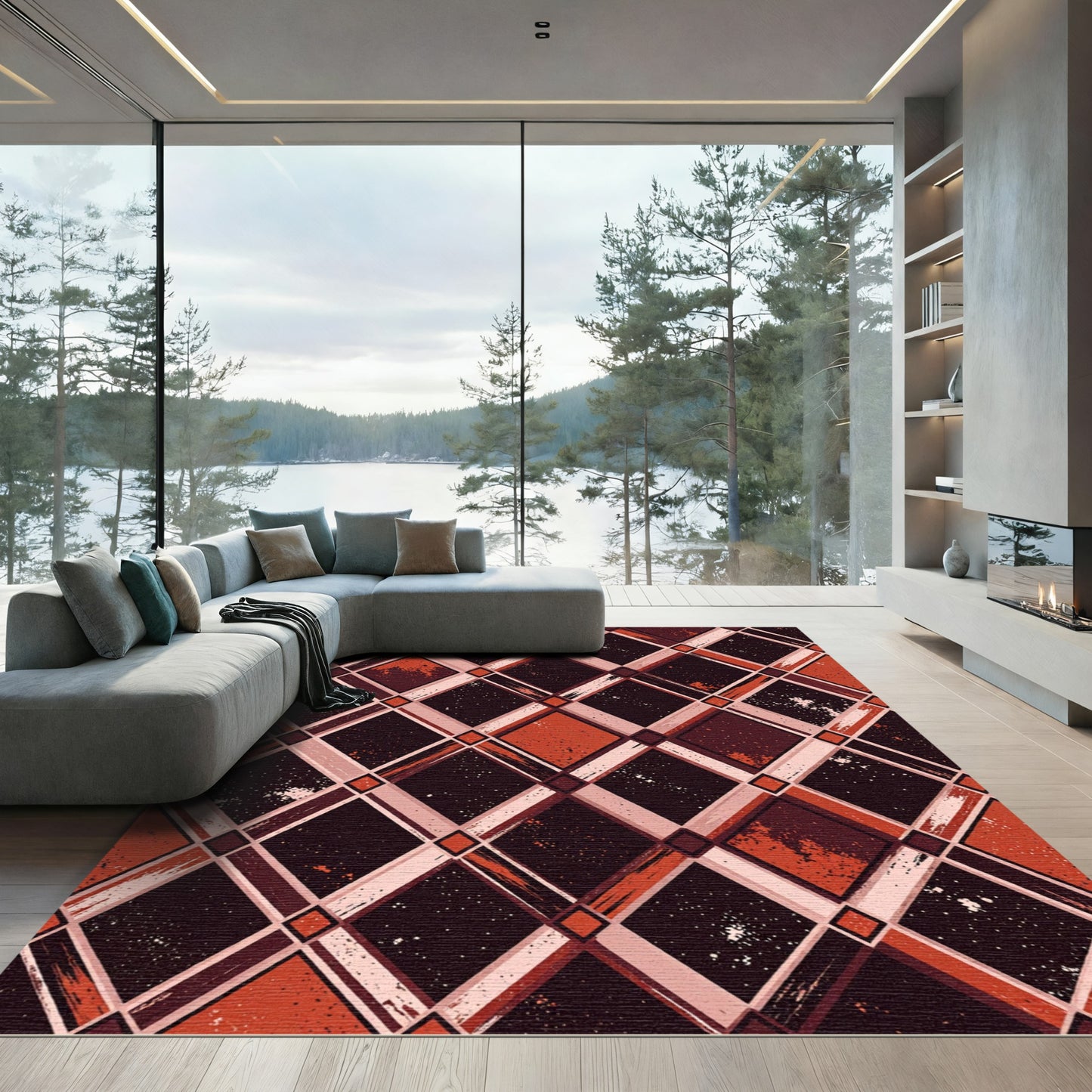 Distressed Rust and Black Argyle Rug
