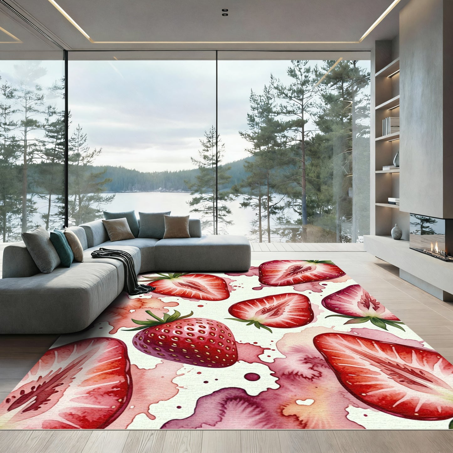 Watercolor Strawberry Slice Botanical Still Life Rug