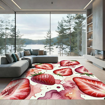 Watercolor Strawberry Slice Botanical Still Life Rug