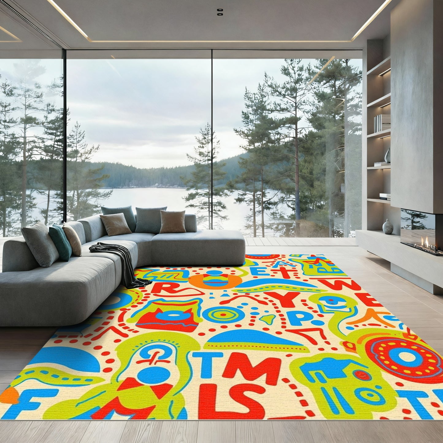 Bright Red Blue Green Alphabet Collage Rug