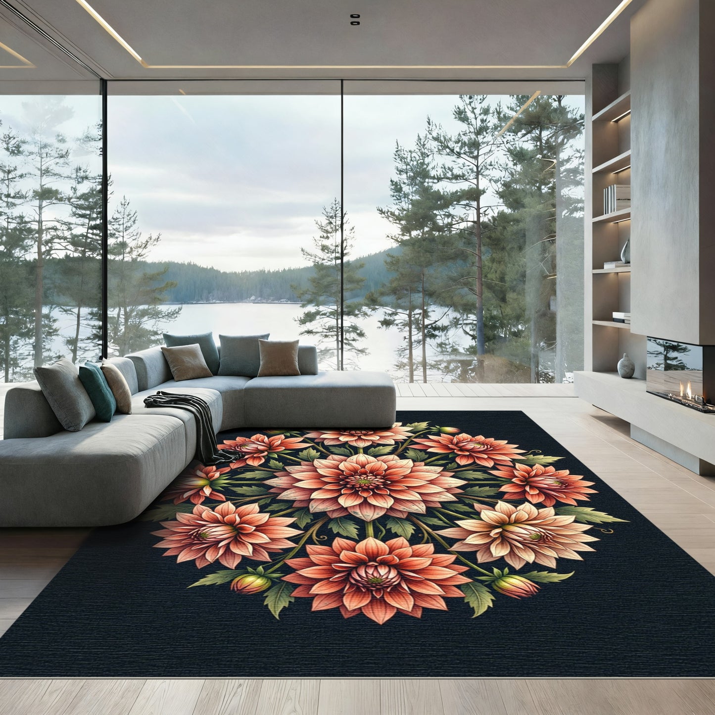 Coral Dahlia Floral Mandala Medallion Rug