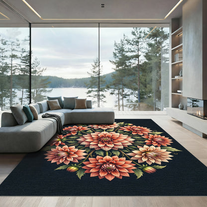 Coral Dahlia Floral Mandala Medallion Rug