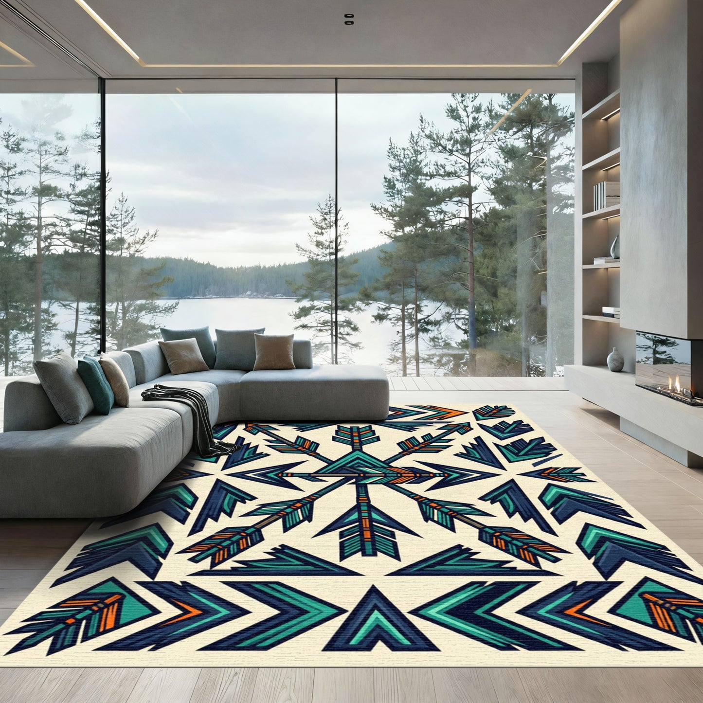 Teal Orange Geometric Arrow Woven Art Rug