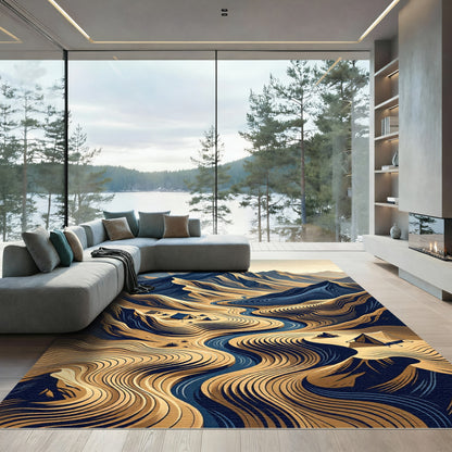 Abstract Blue and Gold Mountain Landscape Rug