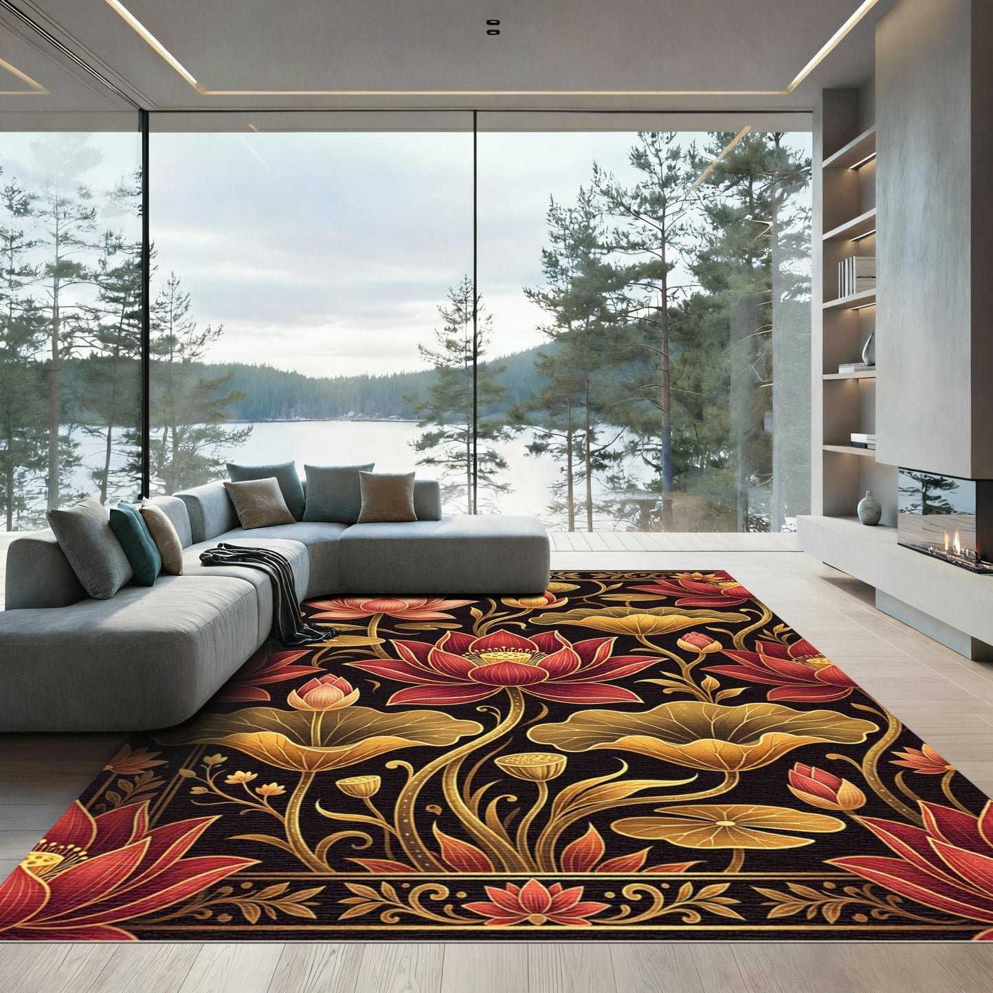Golden Crimson Lotus Floral Art Rug