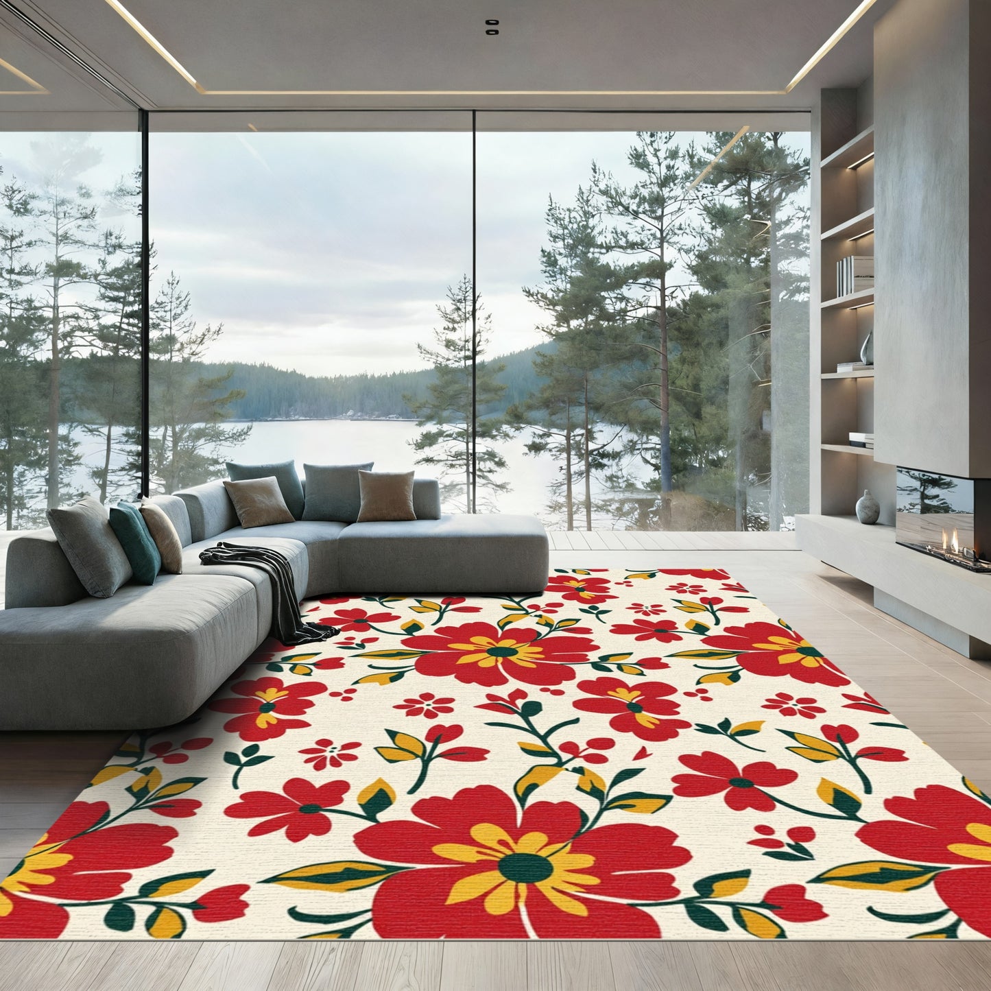 Vibrant Red Yellow Floral Swirls Rug