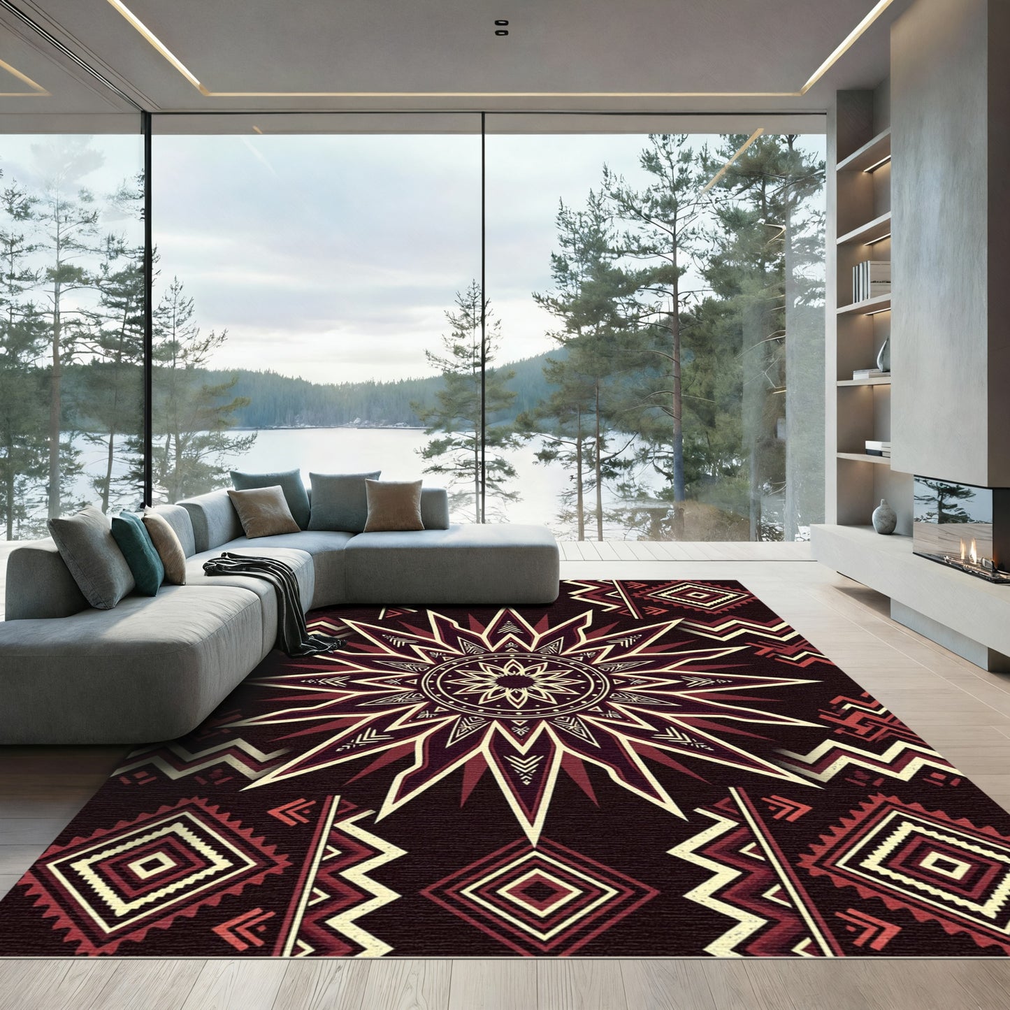 Deep Red Geometric Sunburst Medallion Rug