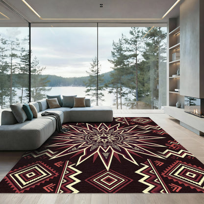 Deep Red Geometric Sunburst Medallion Rug